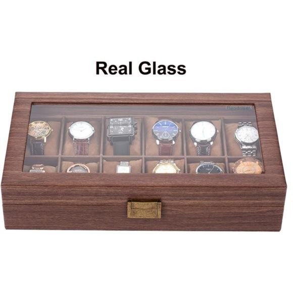 12 Slot PU Leather Watch Box Organizer Watch Case w/ Glass Top Luxury Watches - Picture 3 of 6